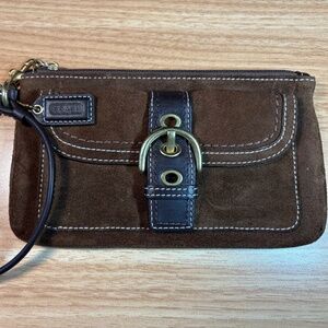 Coach Vintage Brown Suede Wristlet with Brass Bucket, zipper and strap.